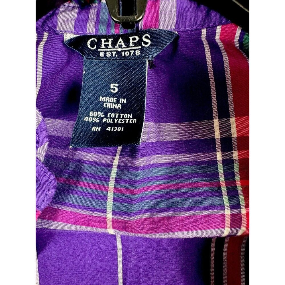 Chaps Little Girl’s Sz 5 Top Short Sleeve Pur/Strip Plaid Ruffled Collar Pleated - Picture 3 of 12